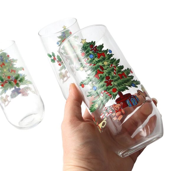 Vintage Luminarc Christmas Tree Glass Cups Round Bottom Slender Holidays Holly - Picture 7 of 8